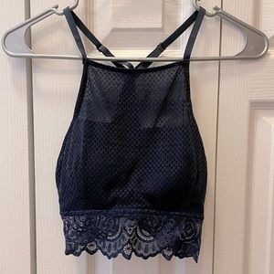 High-neck Lace Padded Bralette - Navy
